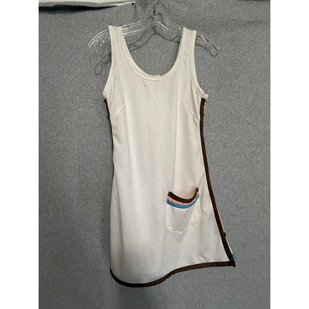Vtg Slazenger Tennis Dress Girls 7/8‎ White Asym Hem Pocket Zip Wonderknit 70s